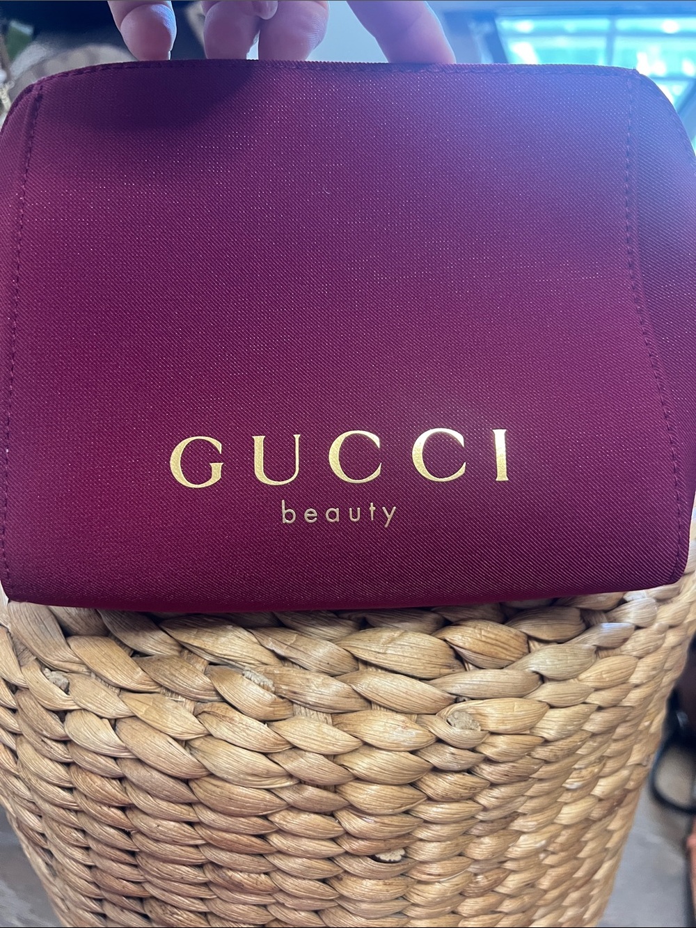Gucci Beauty Deep Burgundy Cosmetic Pouch with Gold Logo